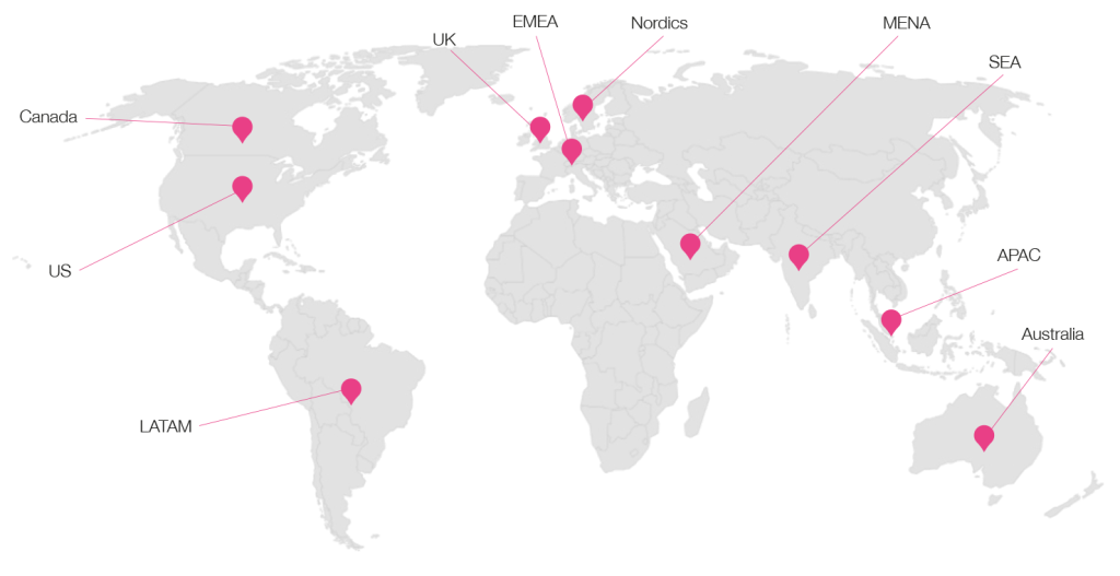 World map illustrating global advertising market spend by region